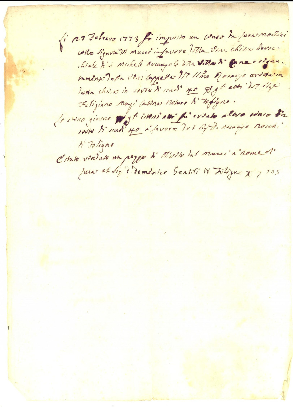 Manoscritto, lettera originale 1780 ca FOLIGNO Memoria di censo pro chiesa parrocchiale SAN MICHELE ARCANGELO 1