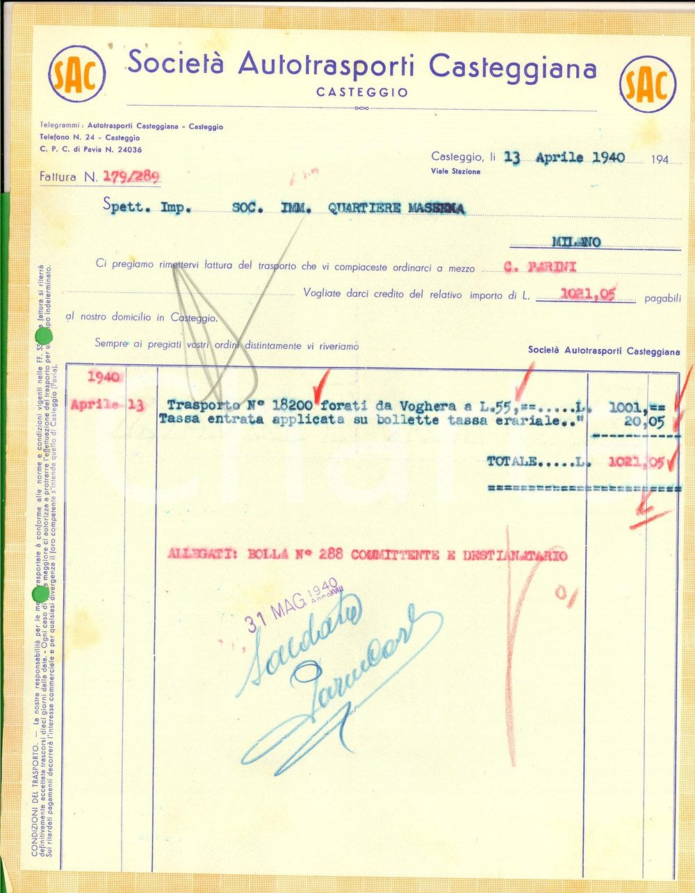Documento originale, autentico 1940 CASTEGGIO PV Società Autotrasporti Casteggiana Fattura intestata 1