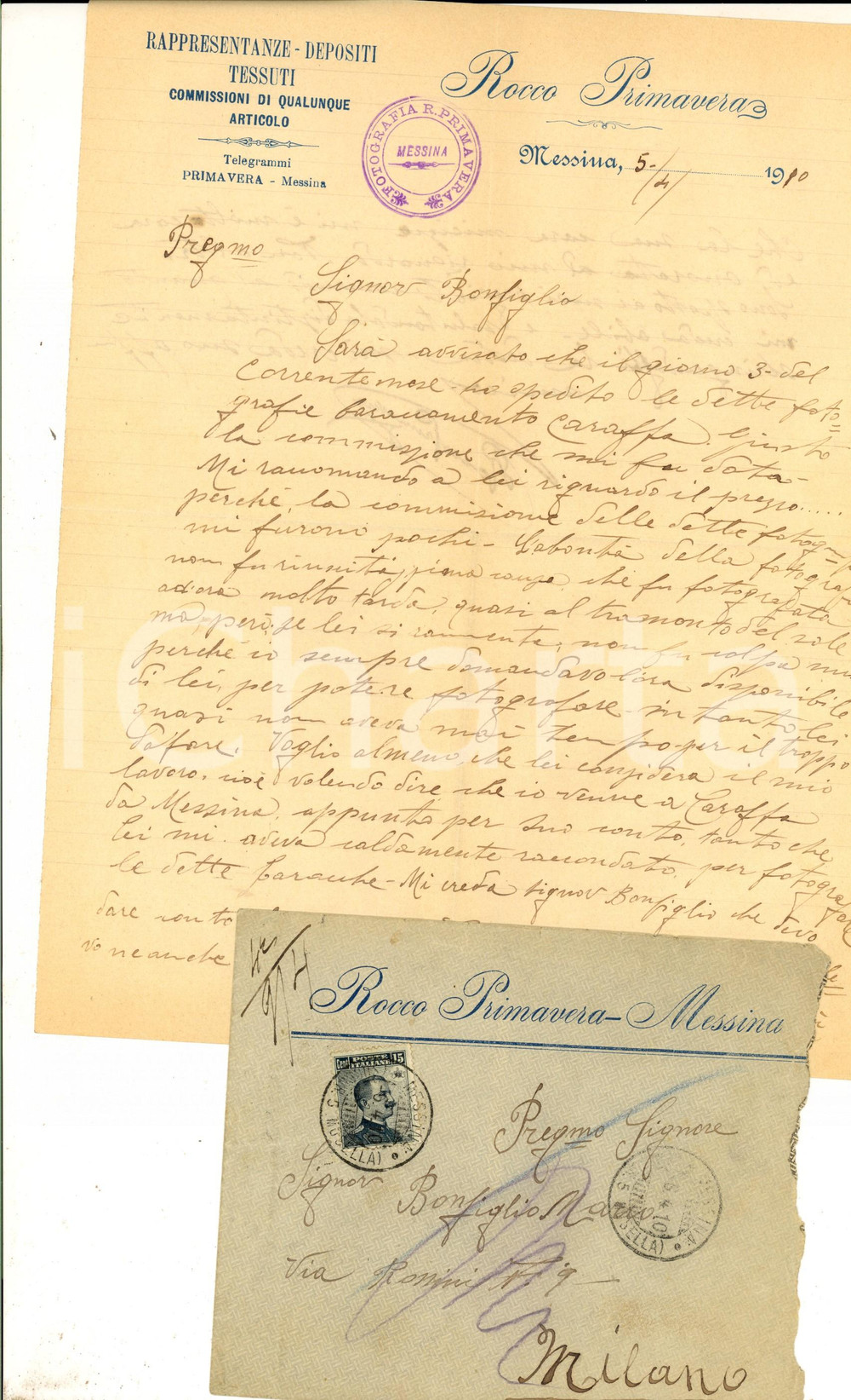 Manoscritto, lettera originale 1910 MESSINA Fotografo Rocco PRIMAVERA contratta per un lavoro riuscito male 1