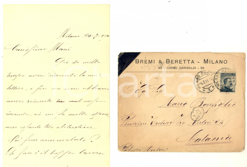 Manoscritto, lettera originale 1911 MILANO Lettera di Giuseppina BONFIGLIO al fratello Mario  BREMI & BERETTA 1