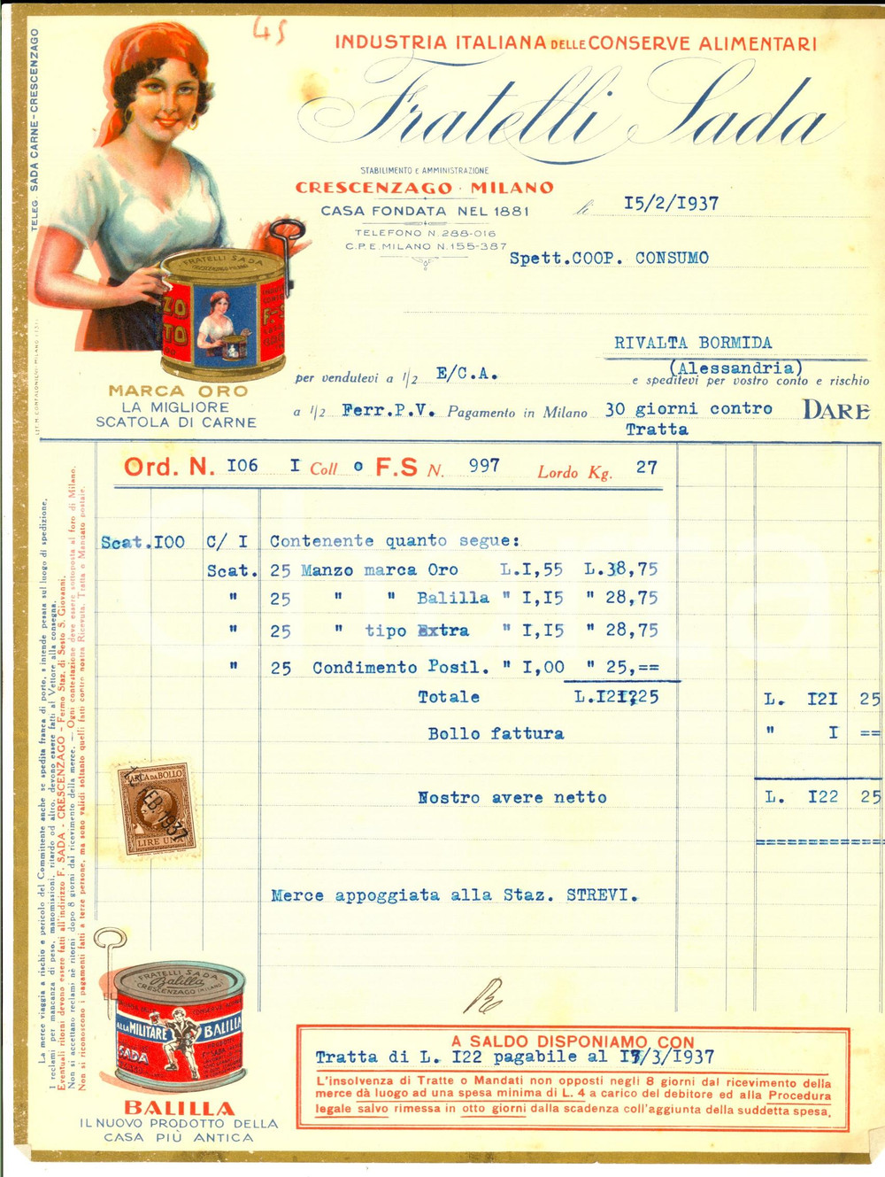 Documento originale, autentico 1937 CRESCENZAGO MI Fratelli SADA  Conserve alimentari Fattura ILLUSTRATA 1
