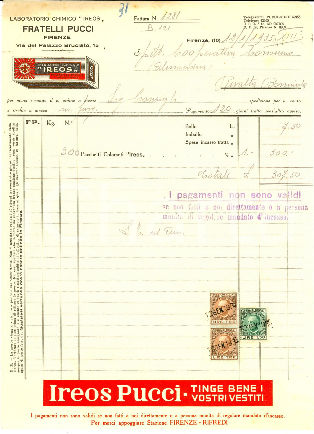 Documento originale, autentico 1935 FIRENZE Laboratorio chimico IREOS  Fratelli PUCCI Fattura intestata 1