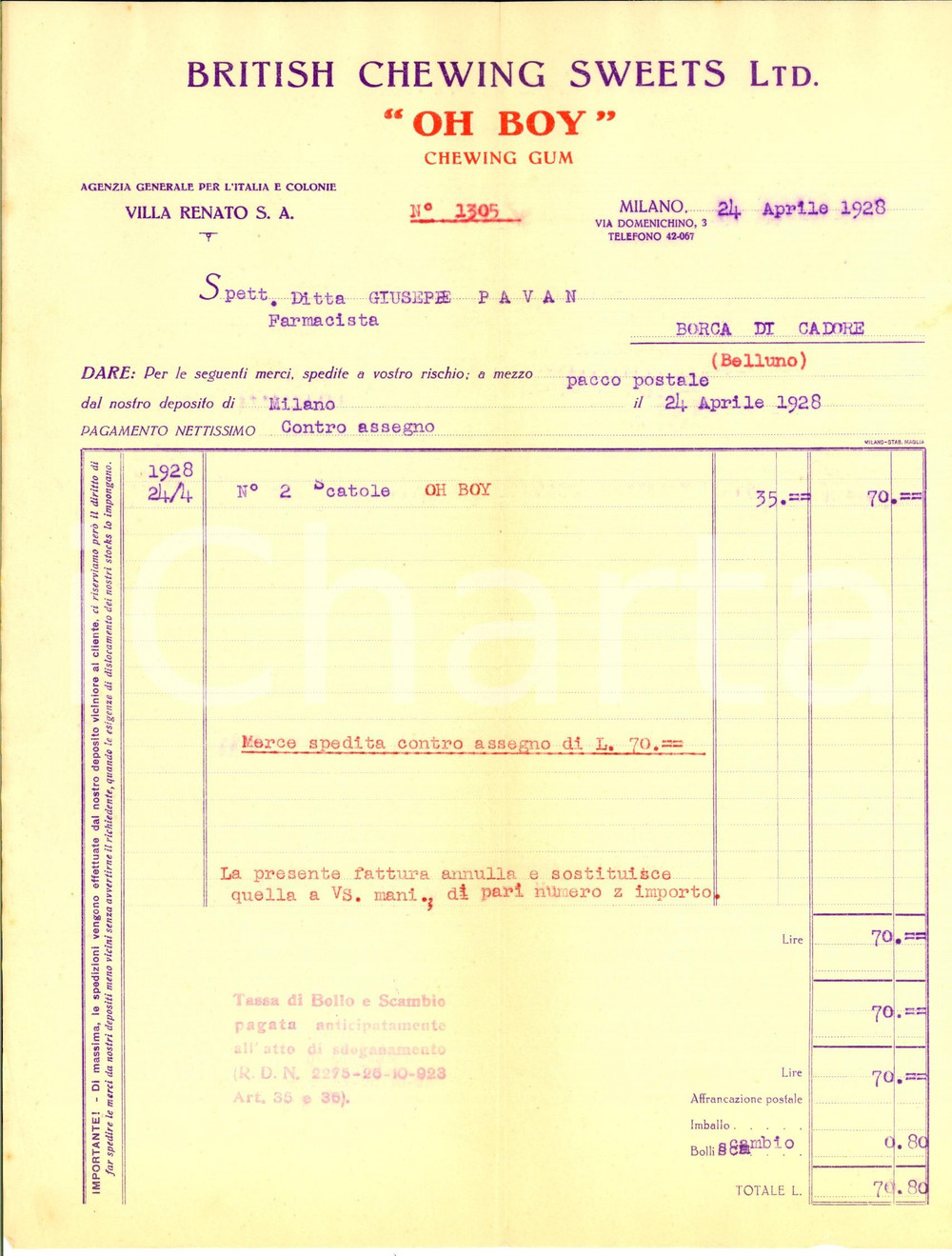 Documento originale, autentico 1928 MILANO British Chewing Sweets OH BOY Fattura commerciale 1