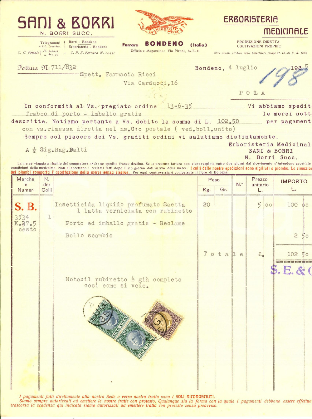 Documento originale, autentico 1935 BONDENO FE Ditta SANI & BORRI Erboristeria medicinale Fattura intestata 1