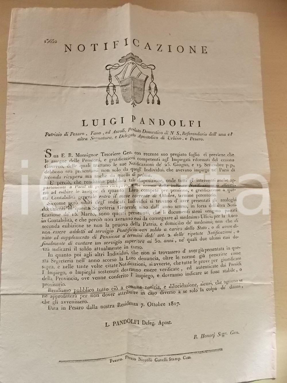 Documento originale, autentico 1817 STATO PONTIFICIO PESARO Pensioni a impiegati del cessato Governo Manifesto 1