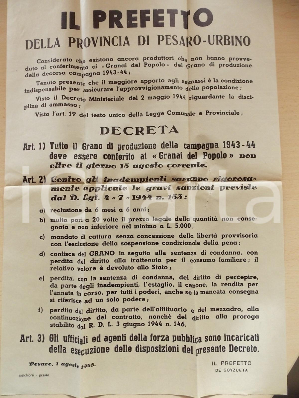 Documento originale, autentico 1945 PESARO Conferimento del grano ai GRANAI DEL POPOLO Manifesto 33x50 cm 1