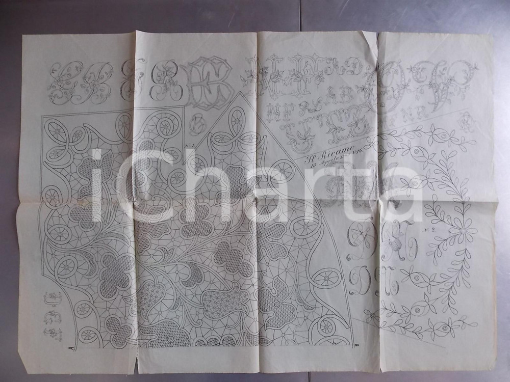 Giornale, rivista storica Aprile 1909 IL RICAMO Cartamodello per lettere e motivi a intaglio 70x50 cm 1