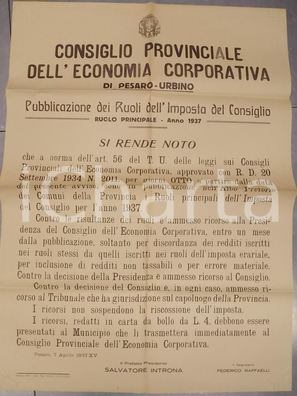 Documento originale, autentico 1937 PESARO Pubblicazione dei ruoli dell imposta del Consiglio Manifesto 50x70 1