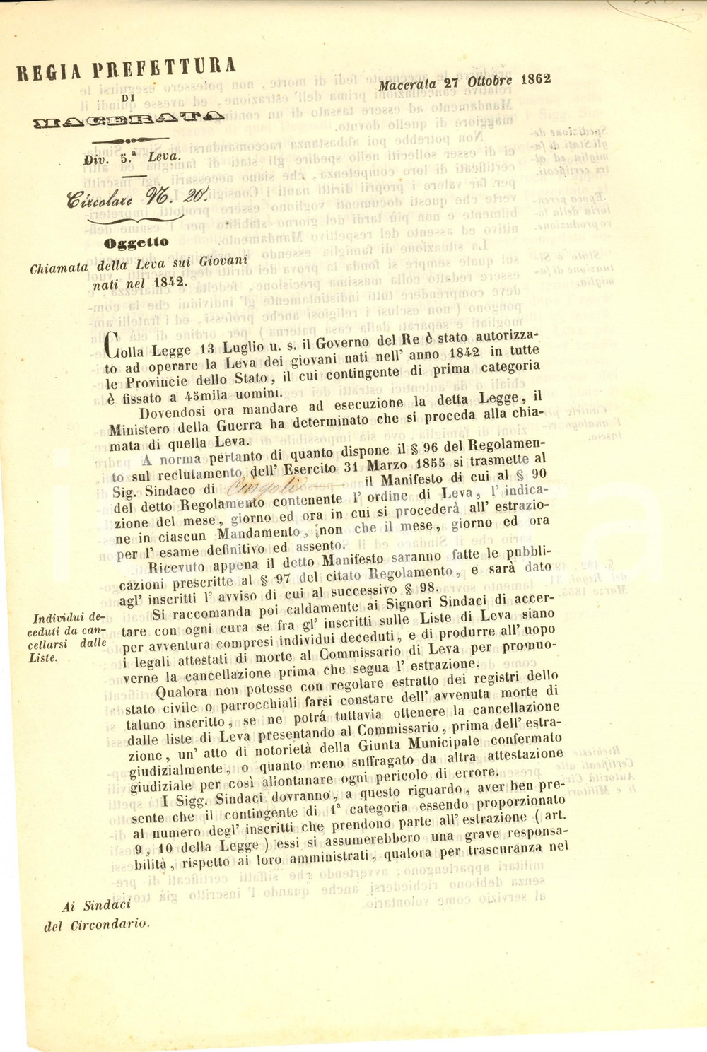 Documento originale, autentico 1862 MACERATA Chiamata alla leva sui giovani nati nel 1842 Lettera circolare 1
