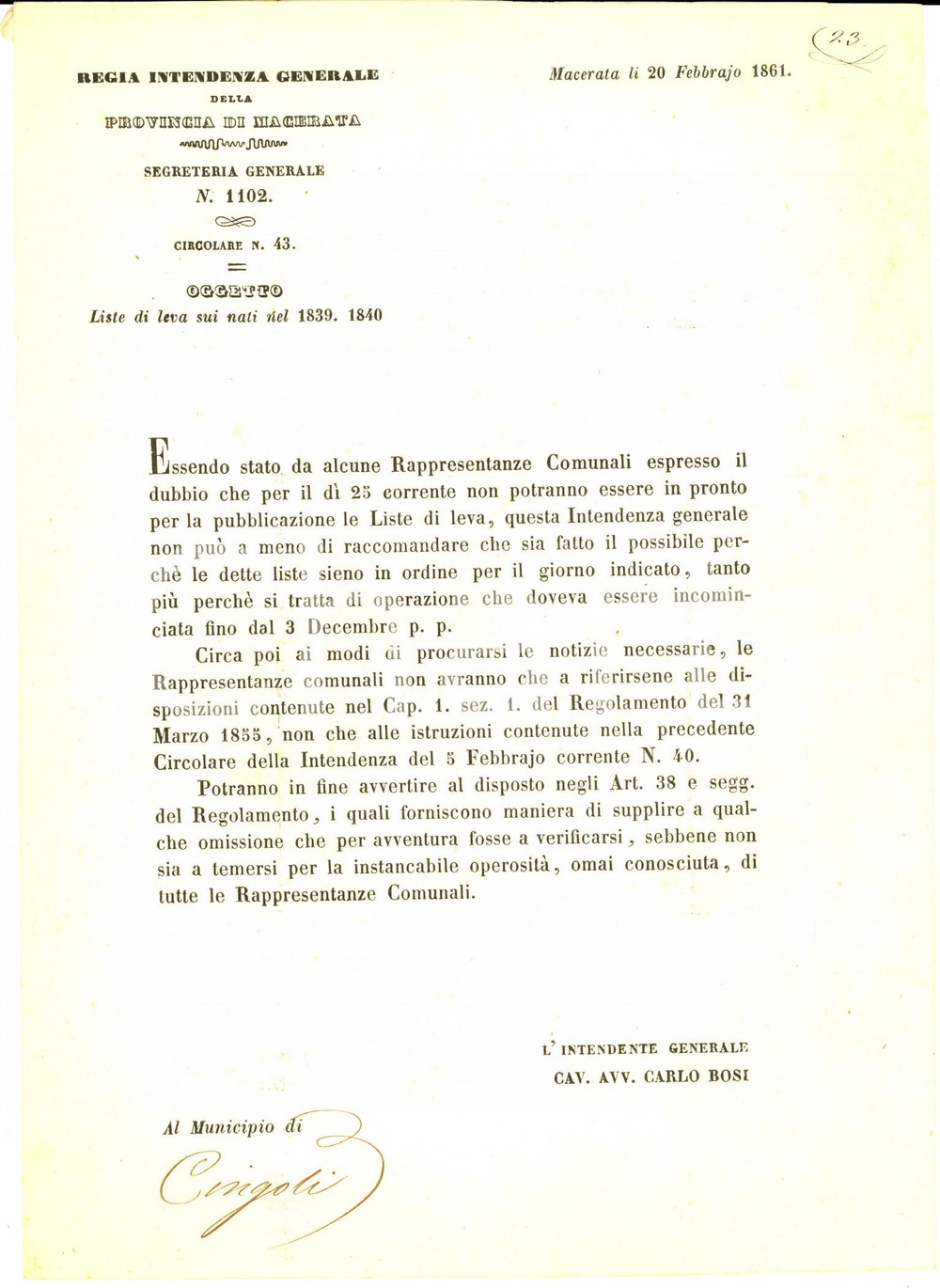 Documento originale, autentico 1861 MACERATA Liste di leva sui nati nel 183940 Lettera circolare 1
