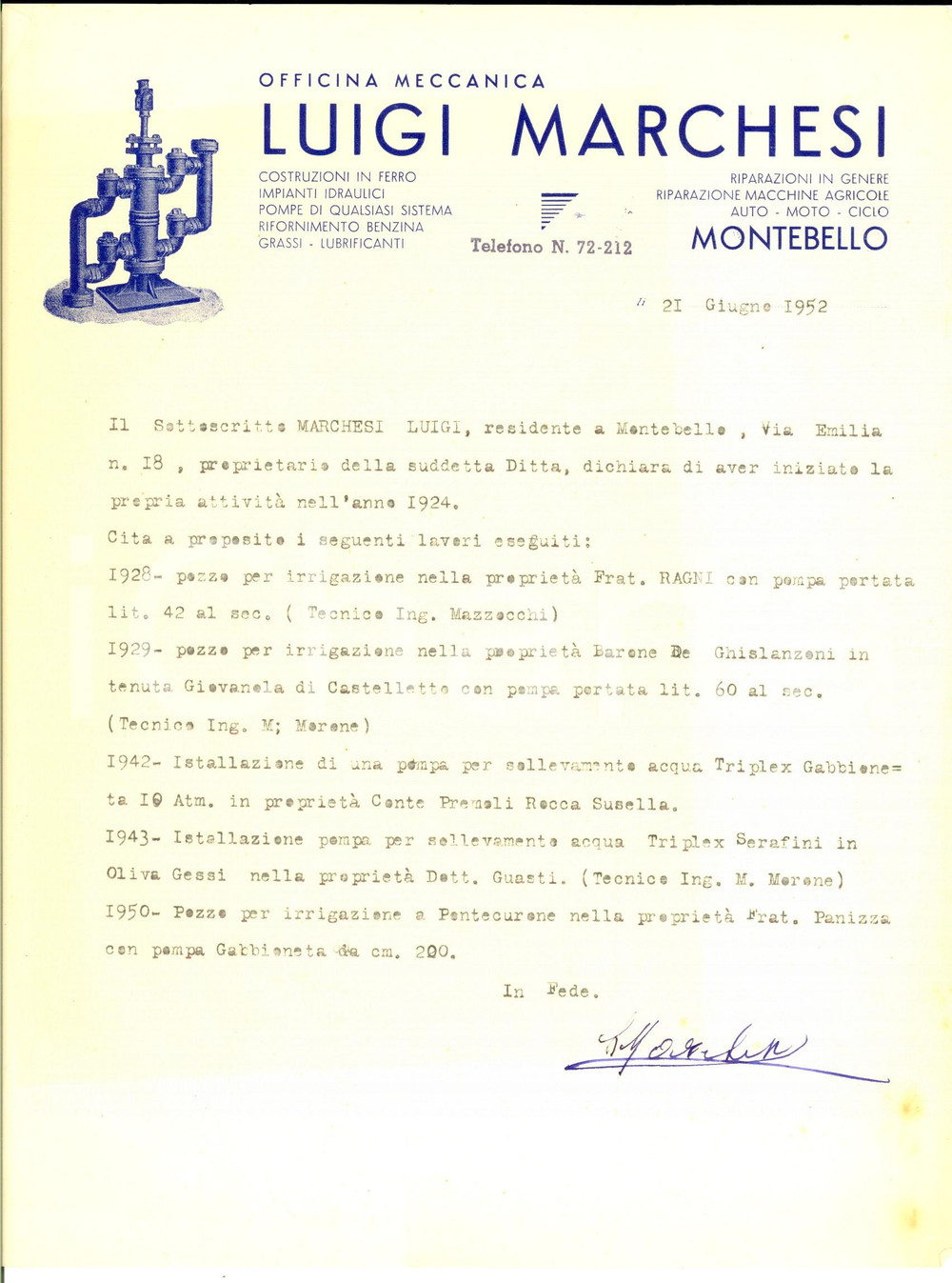 Documento originale, autentico 1952 MONTEBELLO PV Officina meccanica Luigi MARCHESI  Dichiarazione attivitÃ 1