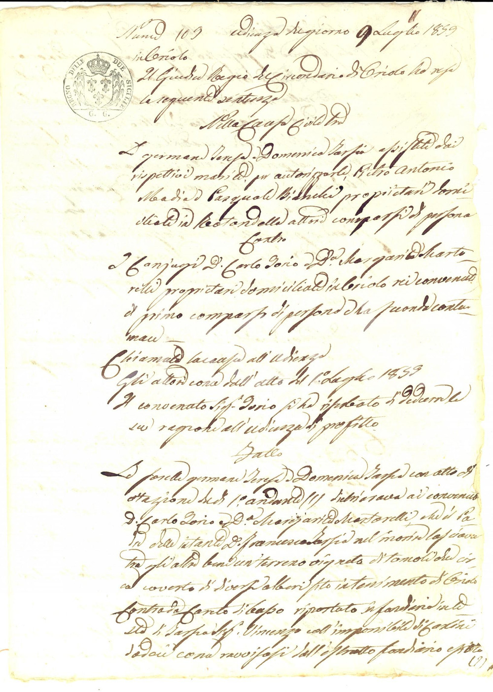 Documento originale, autentico 1859 ORIOLO CS Lite fratelli TARSIA vs Carlo IORIO per terreno ereditato 1