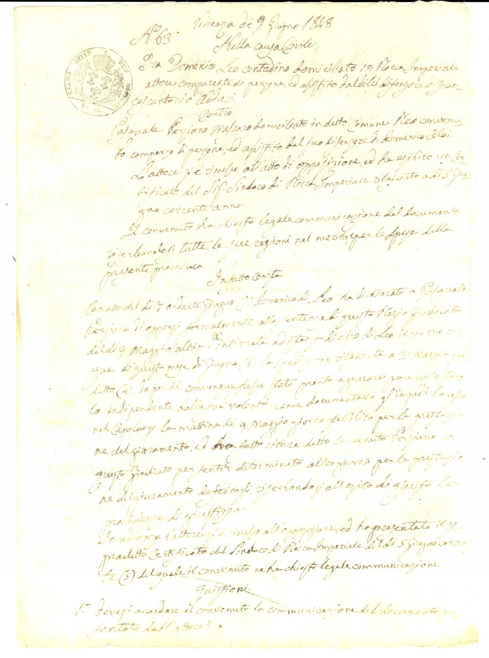 Documento originale, autentico 1859 ROCCA IMPERIALE Lite contadino Domenico LEO vs massaro Pasquale PESSIONE 1