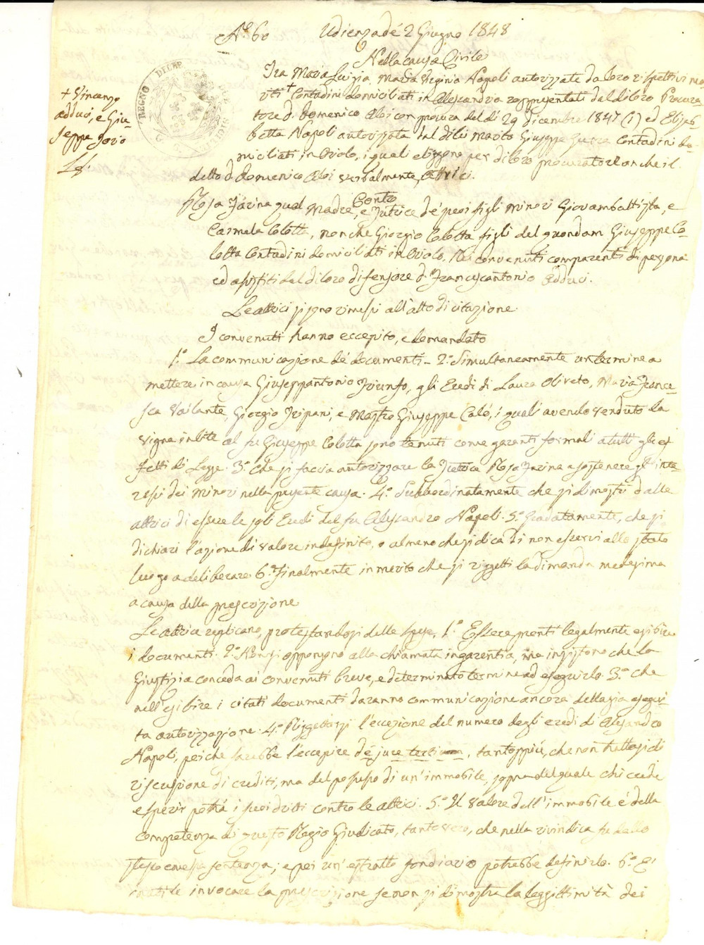 Documento originale, autentico 1848 ORIOLO Lite tra sorelle NAPOLI e Rosa FARINA tutrice dei minori COLOTTA 1