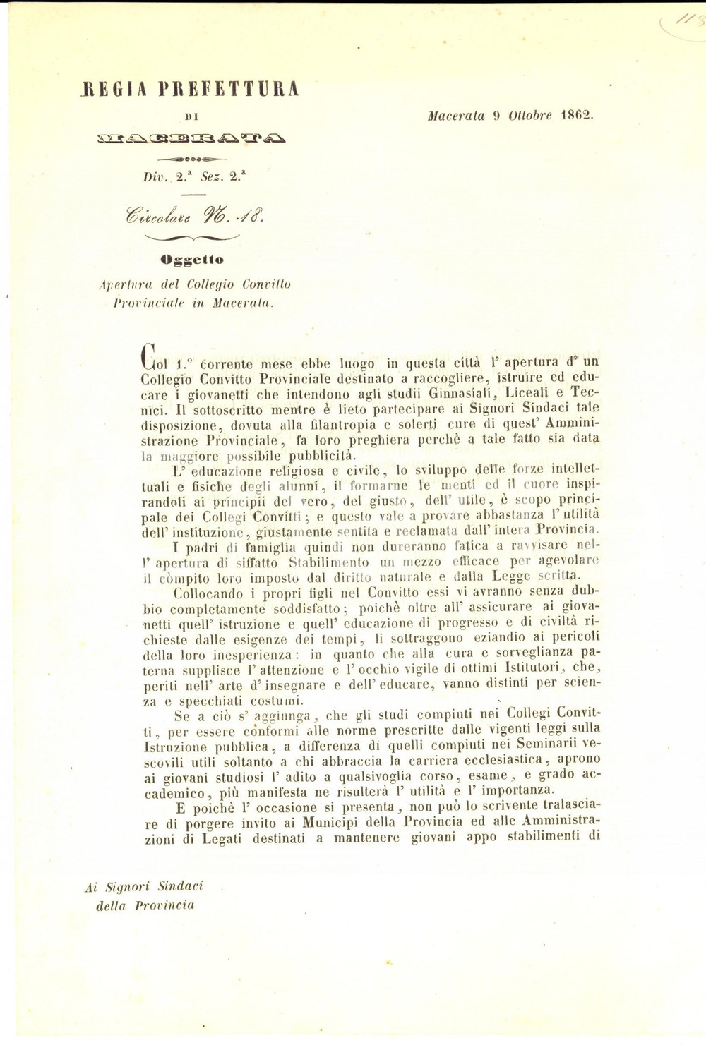 Documento originale, autentico 1862 MACERATA Apertura del Collegio Convitto Provinciale  Lettera circolare 1