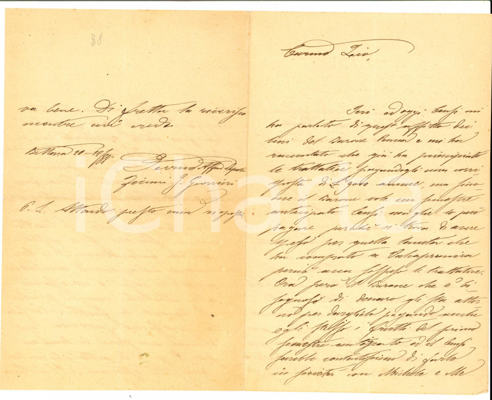 Manoscritto, lettera originale 1888 BETTONA PG Famiglia GUERRIERI in societÃ  con il barone PENNA bisognoso 1