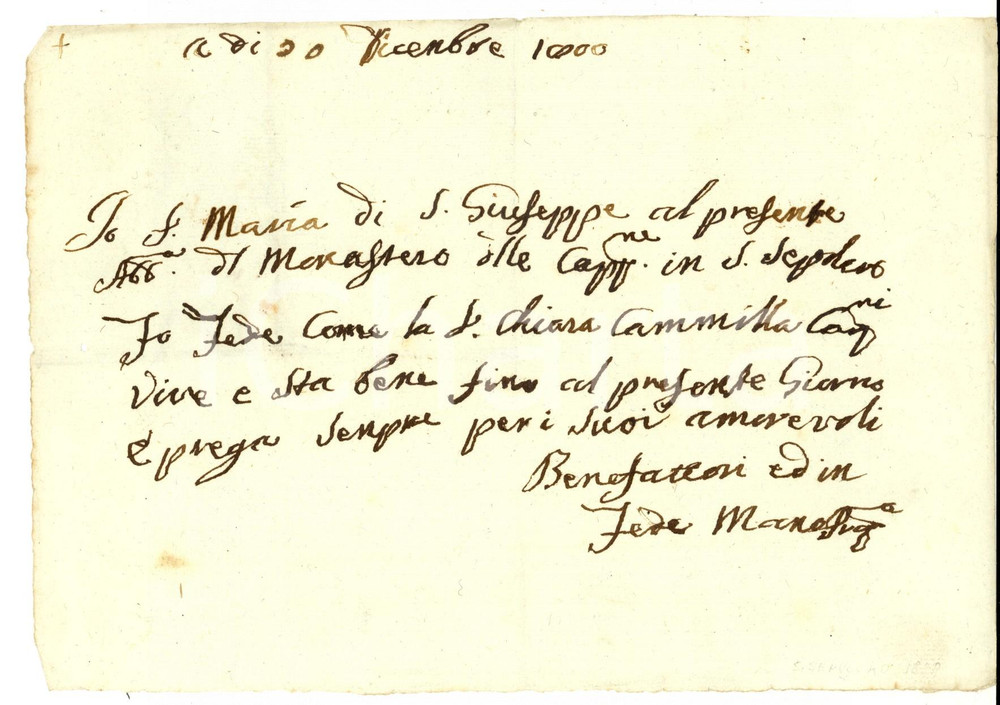 Documento originale, autentico 1800 SANSEPOLCRO AR Certificato esistenza in vita suor Chiara Camilla CAPITANI 1