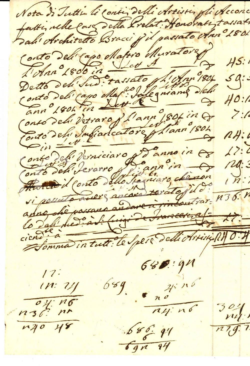 Documento originale, autentico 1801 VENEZIA Conto dei lavori degli operai in una nobile casa Manoscritto 1