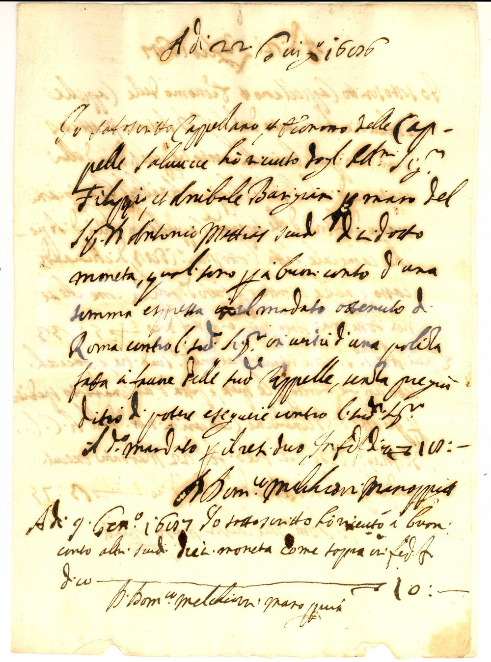 Documento originale, autentico 1686 PERUGIA ? Ricevuta Domenico Melchiorre MAROPPIA pro Cappelle SALVUCCI 1