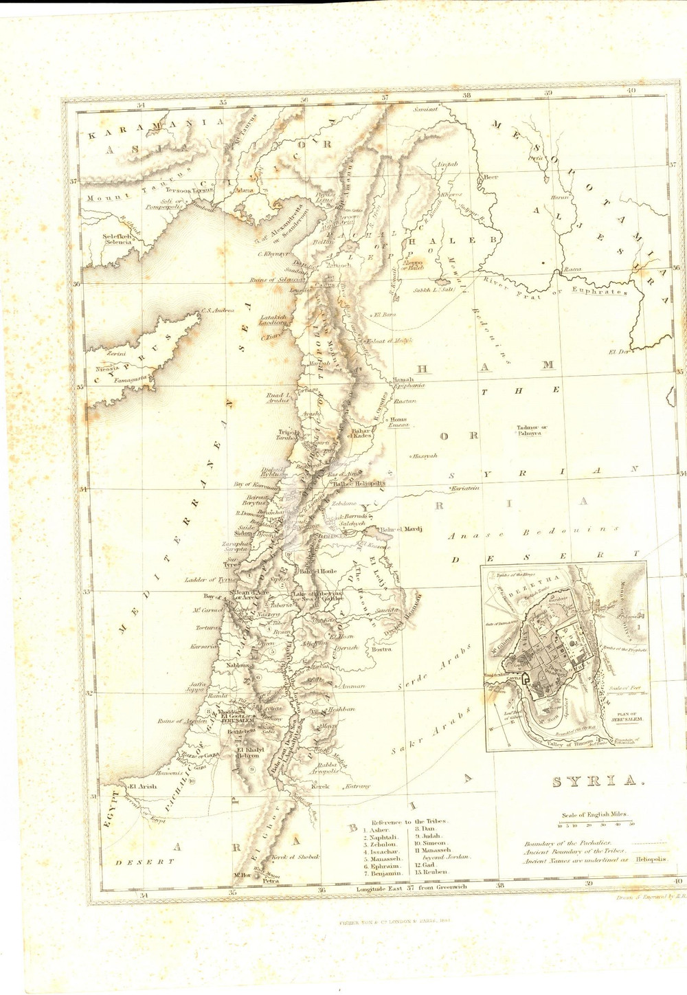 Stampa, bozzetto originale 1841 SIRIA Mappa inc. R. R. DAVIES ed. FISHER SON & C. 20x30 cm 1
