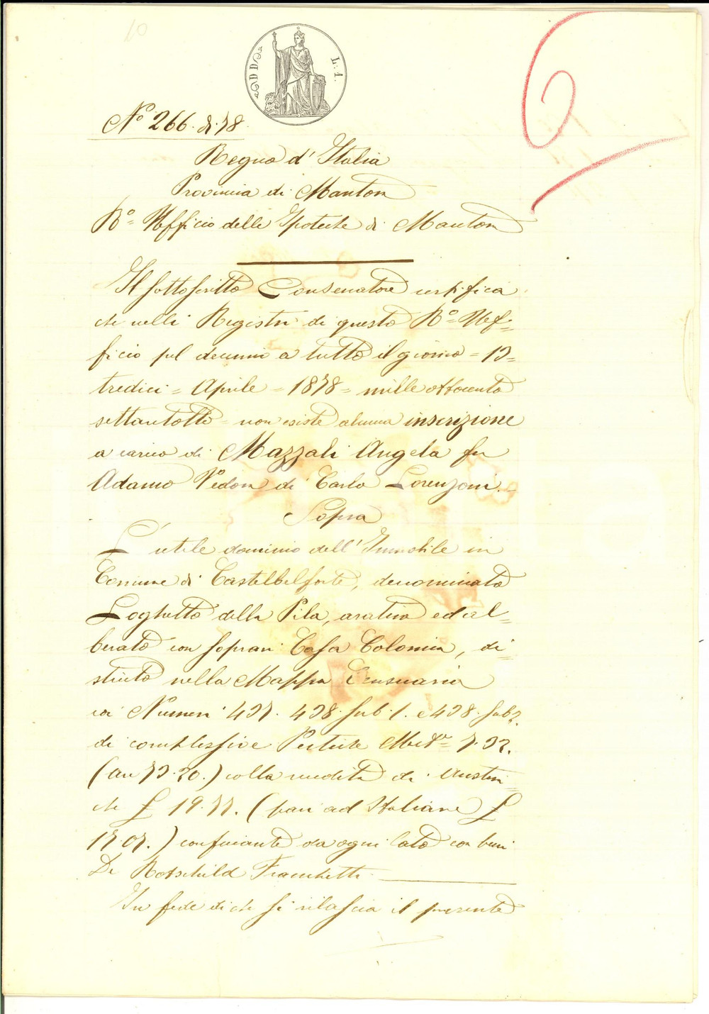 Documento originale, autentico 1878 CASTELBELFORTE Iscrizioni fondo LOGHETTO DELLA PILA Anna MAZZALI LORENZONI 1