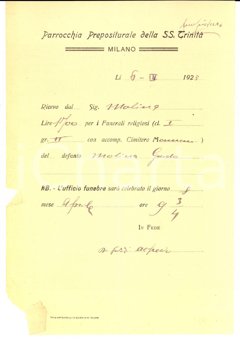 Documento originale, autentico 1925 MILANO Prepositurale SS. TRINITA  Ricevuta don Alfredo POZZI per funerale 1