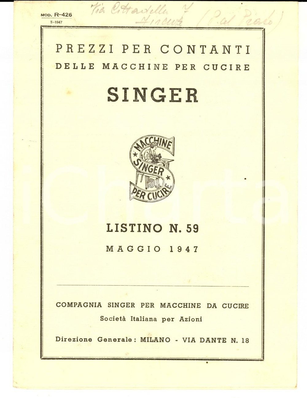 Materiale pubblicitario d’epoca Maggio 1947 MILANO Macchine da cucire SINGER Listino prezzi n. 59 Opuscolo 1