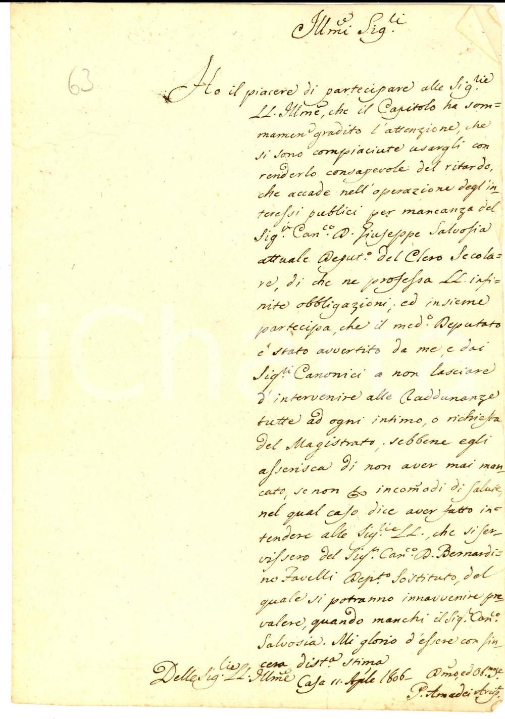 Manoscritto, lettera originale 1806 AREZZO ? Arciprete AMADEI su assenza canonico Giuseppe SALVOSIA 1