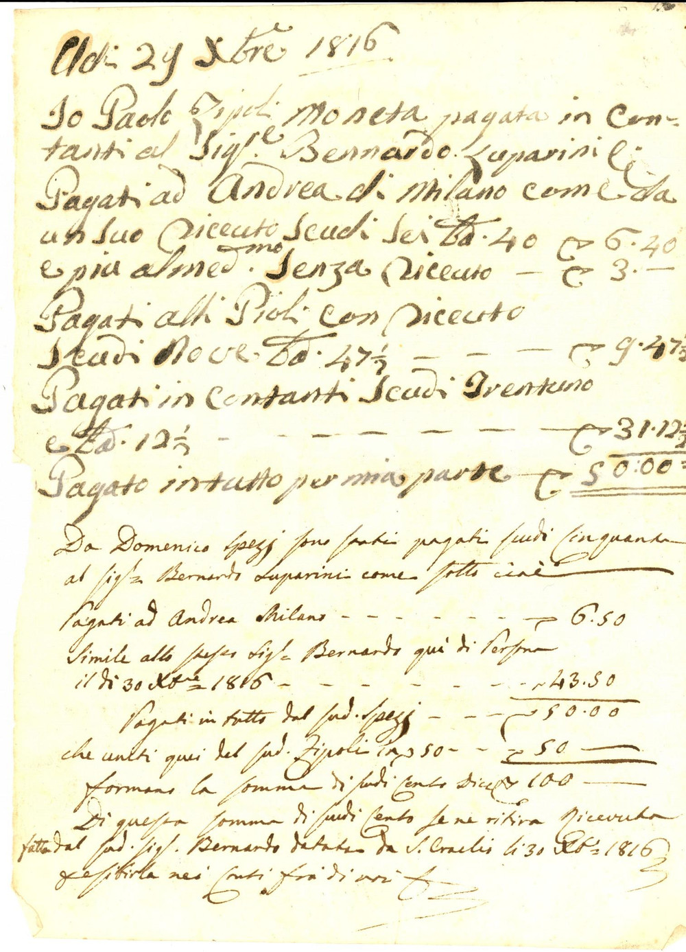 Manoscritto, lettera originale 1816 SPOLETO Conto dei pagamenti ai fornitori del nobile Bernardo LUPARINI 1