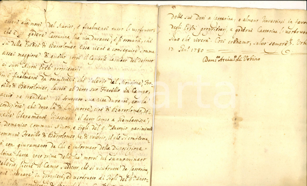 Documento originale, autentico 1780 PIOBBICO Testamento di Bartolomeo fu Giambattista Mons. Domenico MONTI 1
