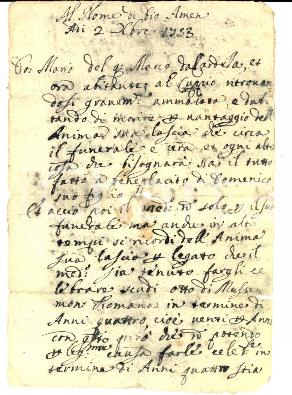 Documento originale, autentico 1753 CUPPIO PU Testamento di Domenica Maria pro figlio Domenico e legato Messe 1