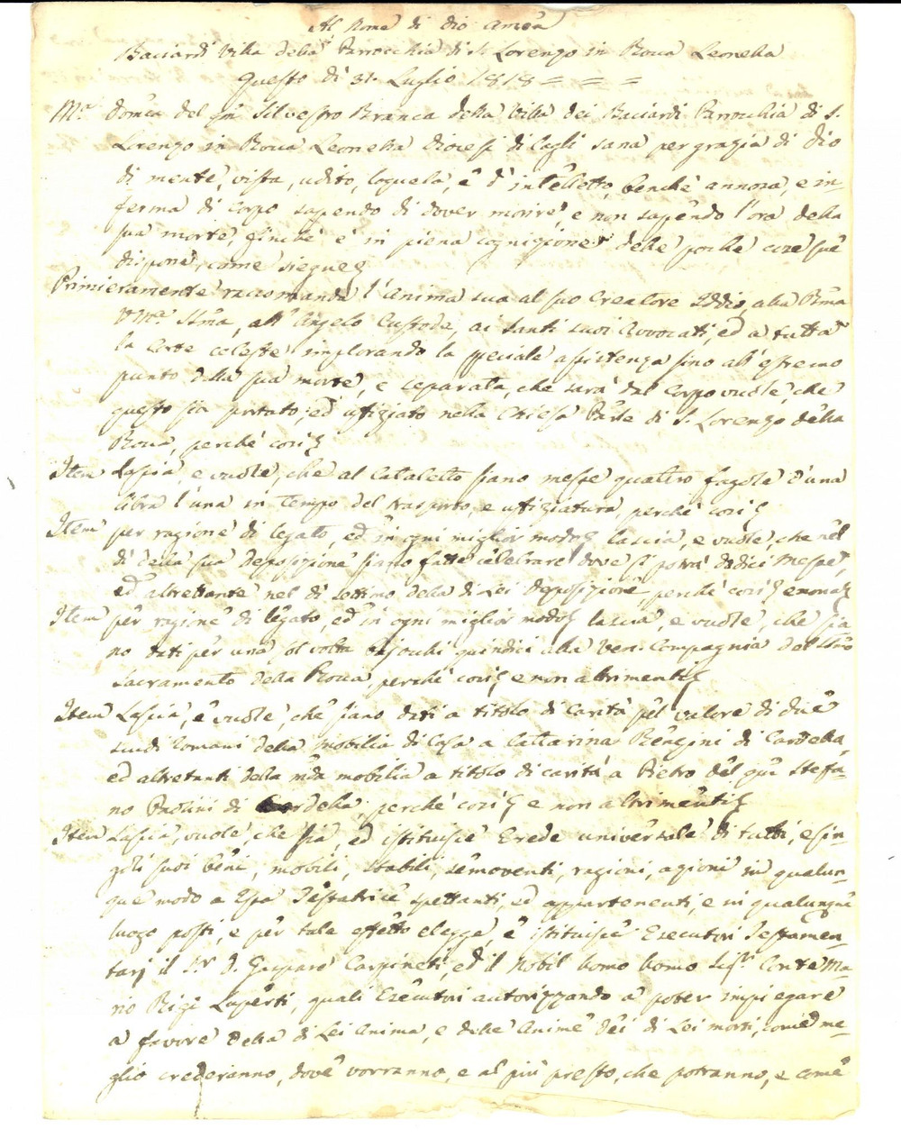Documento originale, autentico 1818 BACIARDI PU Testamento Maria Domenica BRANCA con pii legati Manoscritto 1