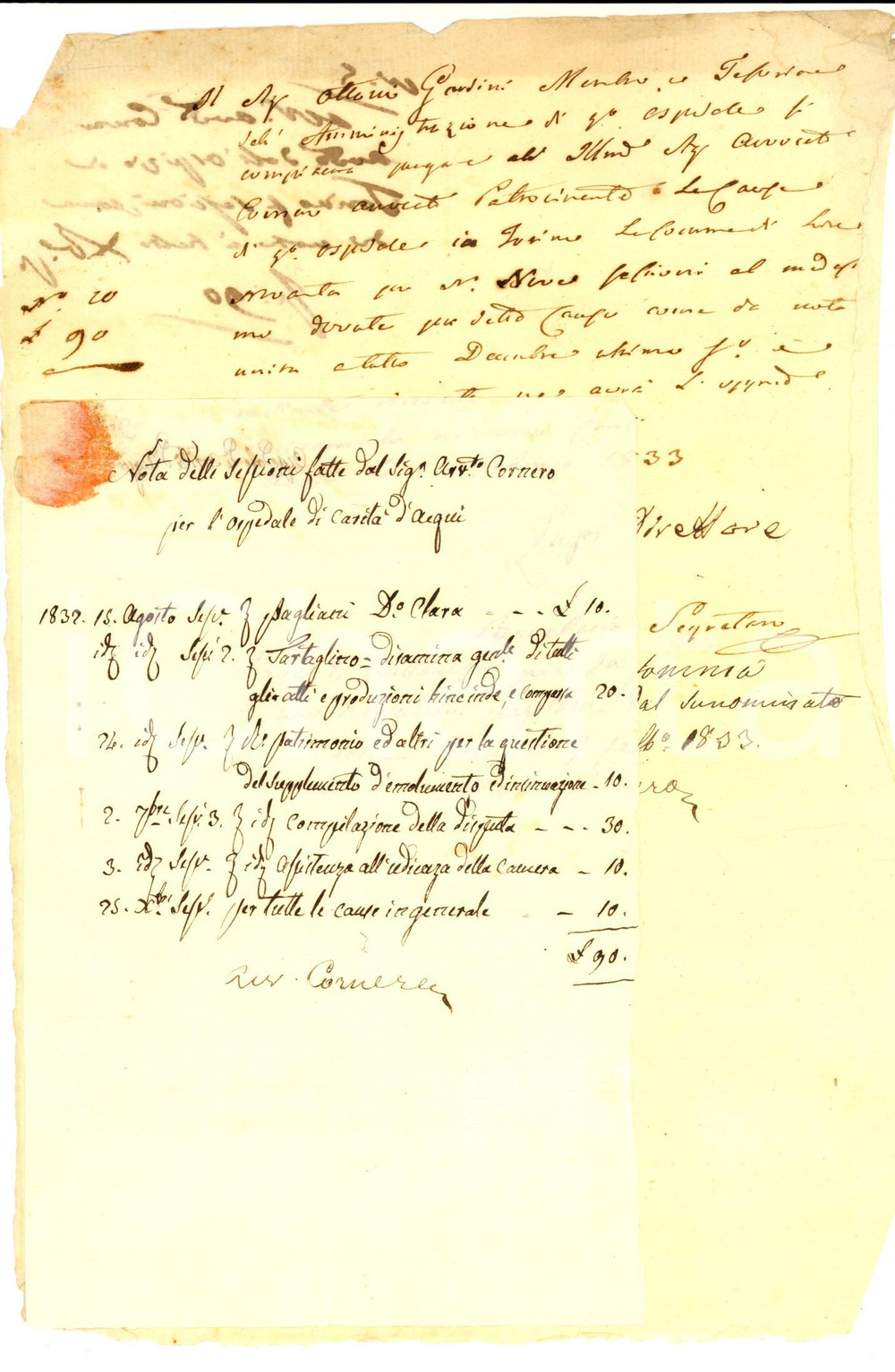 Documento originale, autentico 1833 ACQUI TERME Nota spese avvocato CORNERO in lite pro ospedale 1