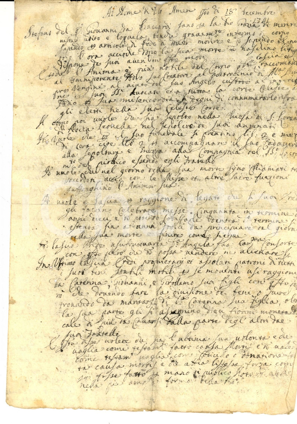 Documento originale, autentico 1741 BACIARDI PU Testamento di Stefano del fu Giovanni a favore dei figli 1