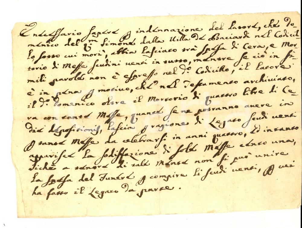 Documento originale, autentico 1742 BACIARDI PU Legato del defunto Domenico del fu Simone per cera e messe 1