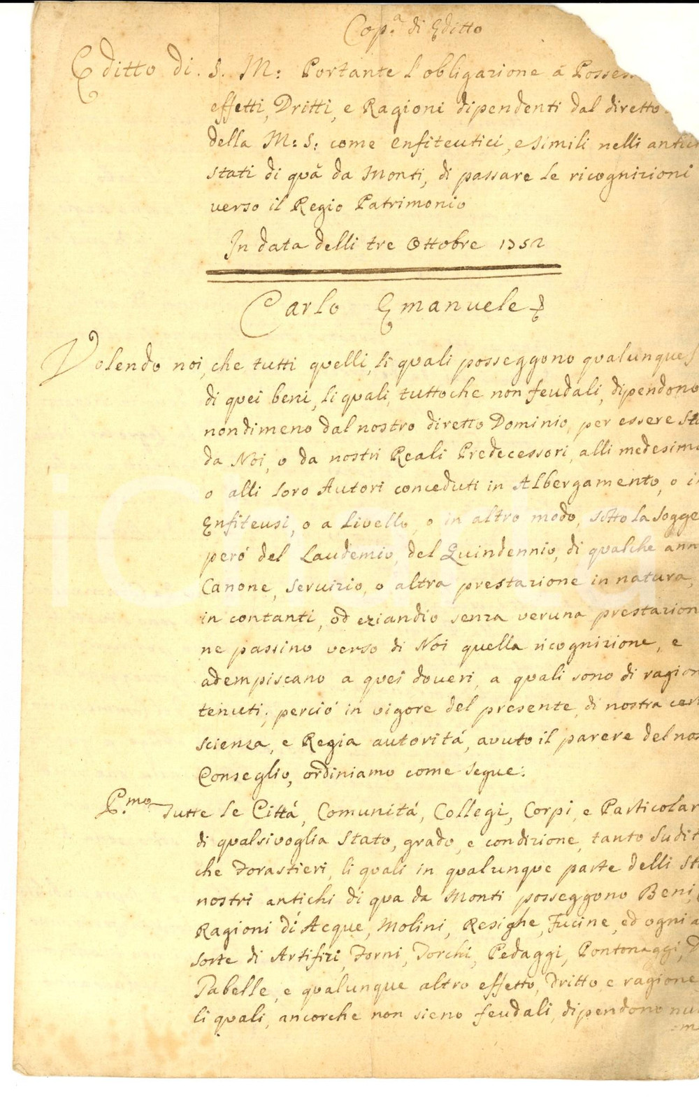 Documento originale, autentico 1752 REGNO DI SARDEGNA Editto CARLO EMANUELE III censi beni di diretto dominio 1