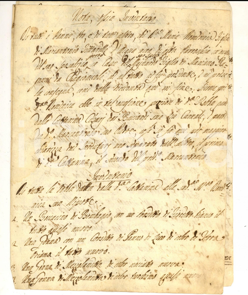 Documento originale, autentico 1800 ca ACQUANERA PU Inventario beni personali e dotali di Domenica TITTARELLI 1