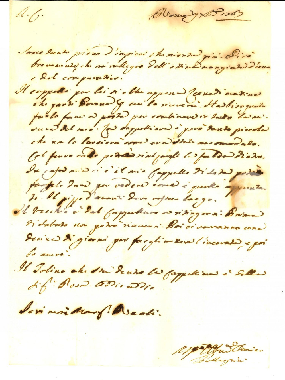 Manoscritto, lettera originale 1767 ROMA Nicola PELLEGRINI ordina un cappello su misura per un nobile Lettera 1