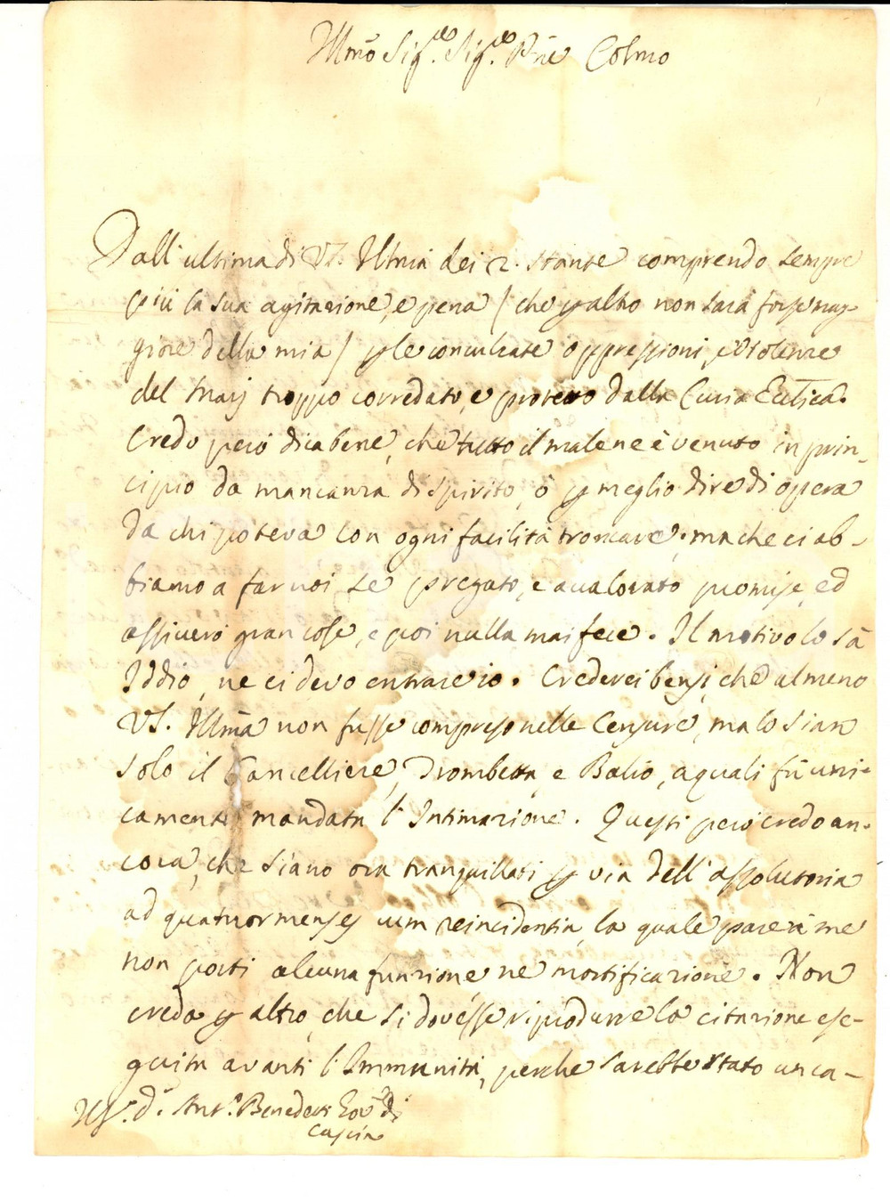 Manoscritto, lettera originale 1781 ROMA Tutto il male Ã¨ venuto da mancanza di spirito Lettera Lorenzo CORINTI 1