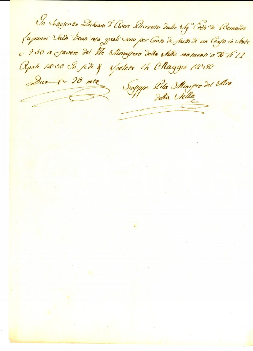 Documento originale, autentico 1850 SPOLETO Ricevuta Giuseppe PILA  ministro monastero SANTA MARIA DELLA STELLA 1