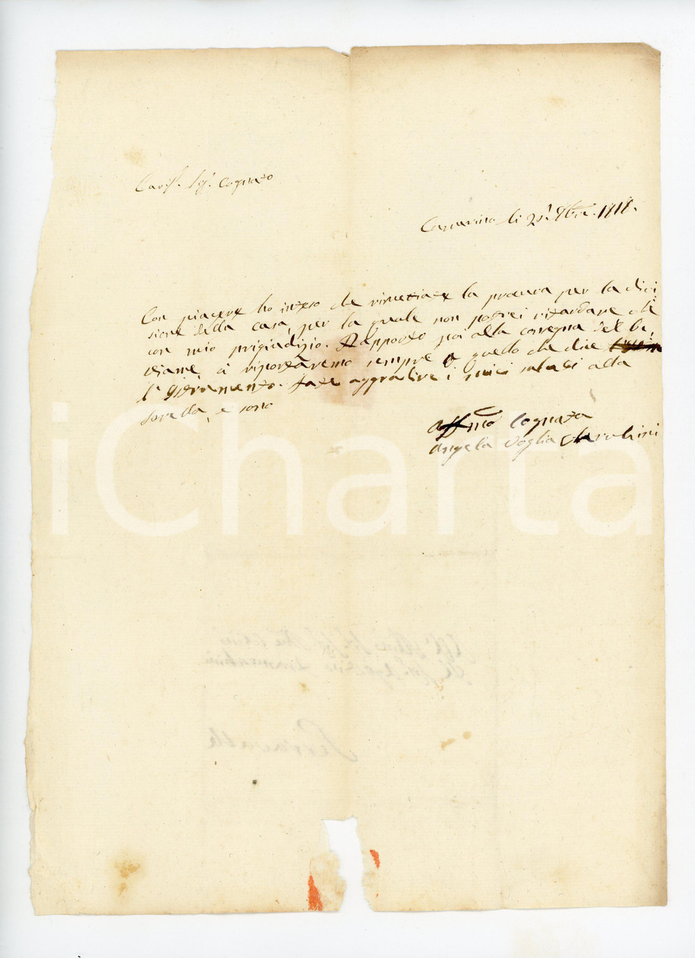Manoscritto, lettera originale 1818 CAMERINO MC Angela VOGLIA CHERUBINI sulla rinuncia a una procura Lettera 1
