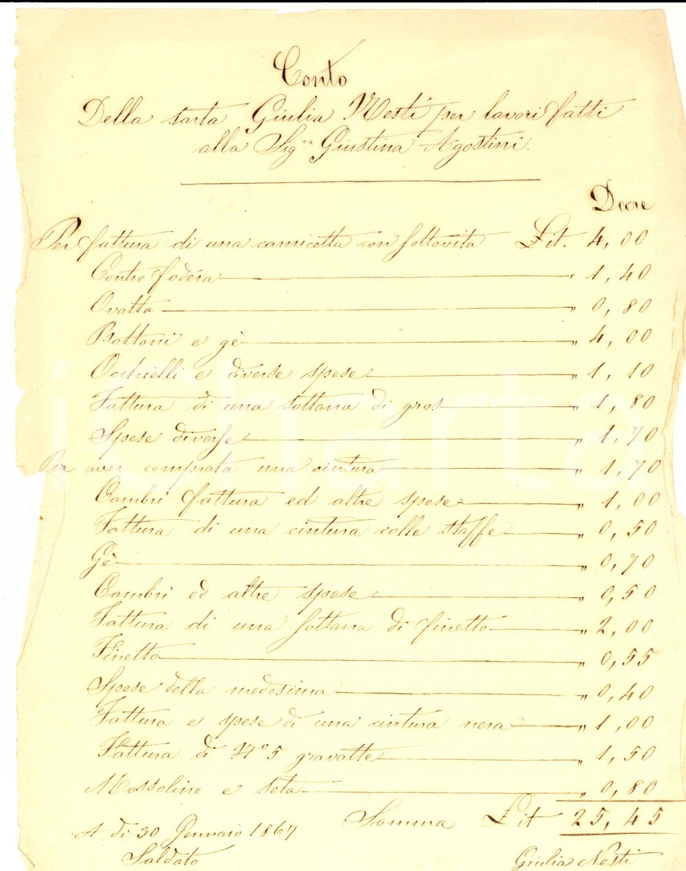 Documento originale, autentico 1867 FIRENZE Conto della sarta Giulia NESTI per lavori a Giustina AGOSTINI 1