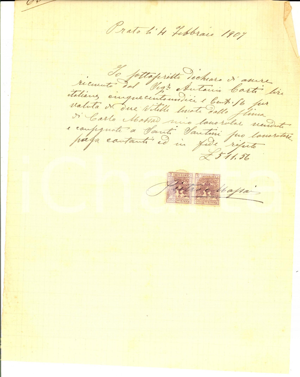 Documento originale, autentico 1907 PRATO Ricevuta per bestiame Pietro MASSAI ad Antonio CORTI Bolli 1