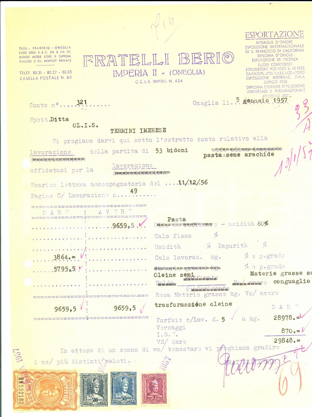 Documento originale, autentico 1957 ONEGLIA IM Ditta FRATELLI BERIO olio d oliva Estratto conto partita 1