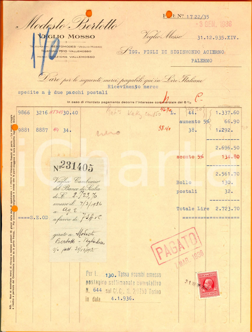 Documento originale, autentico 1935 VEGLIO MOSSO BI Lanificio Modesto BERTOTTO  Fattura con talloncino vaglia 1