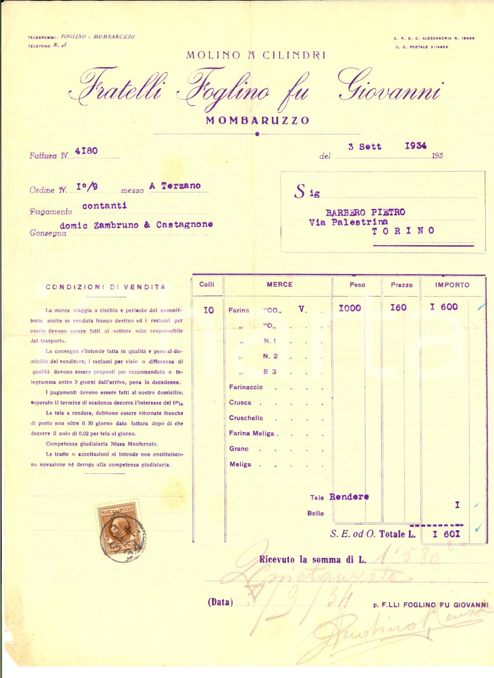 Documento originale, autentico 1934 MOMBARUZZO AT Molino a clilindri Fratelli FOGLINO fu Giovanni Fattura 1