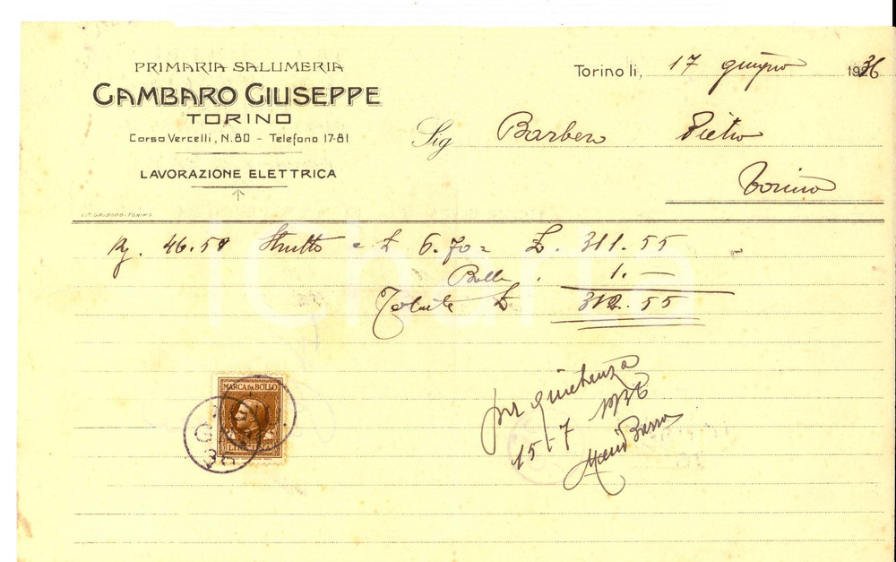 Documento originale, autentico 1936 TORINO Primaria Salumeria Giuseppe GAMBARO  Fattura intestata per strutto 1