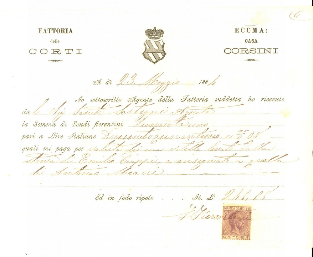 Documento originale, autentico 1884 SAN CASCIANO VAL DI PESA FI Fattoria delle Corti  Casa CORSINI Ricevuta 1