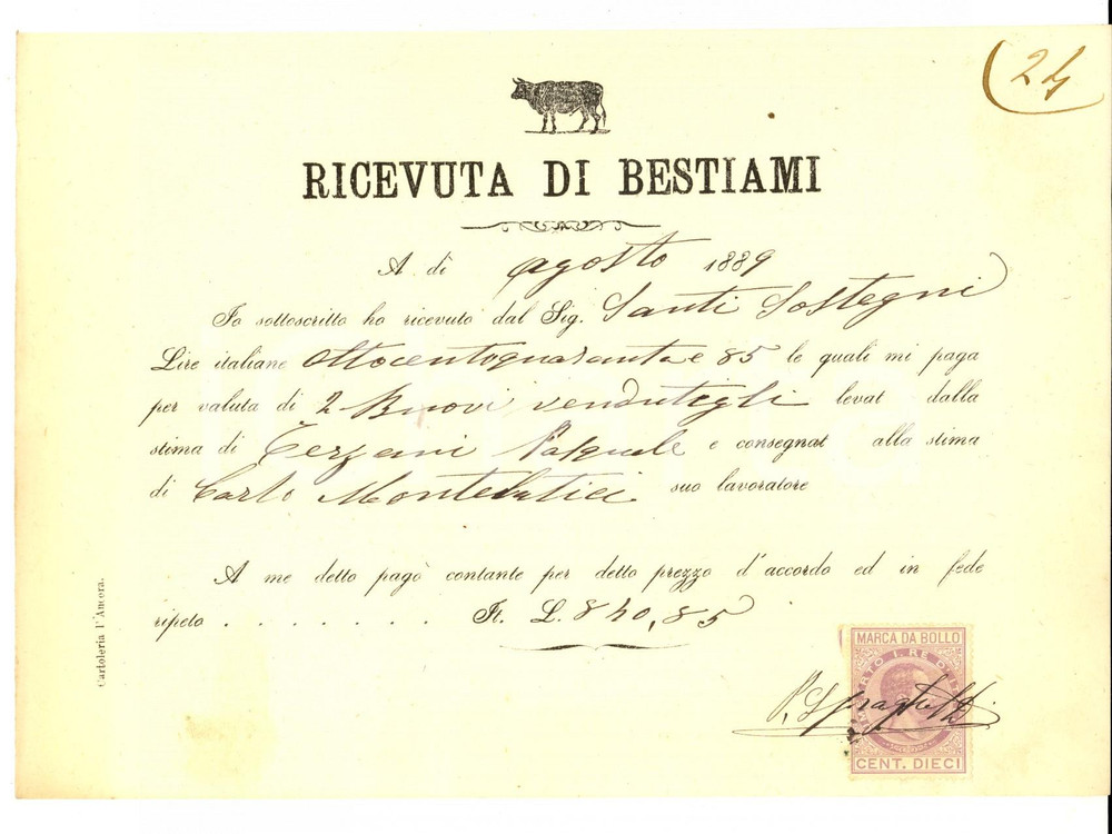 Documento originale, autentico 1889 FIRENZE ? Ricevuta per coppia di buoi all agente Santi SOSTEGNI 1