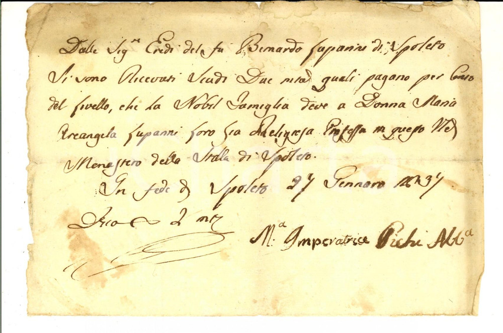 Documento originale, autentico 1843 SPOLETO Ricevuta Maria Imperatrice PICHI badessa SANTA MARIA DELLA STELLA 1